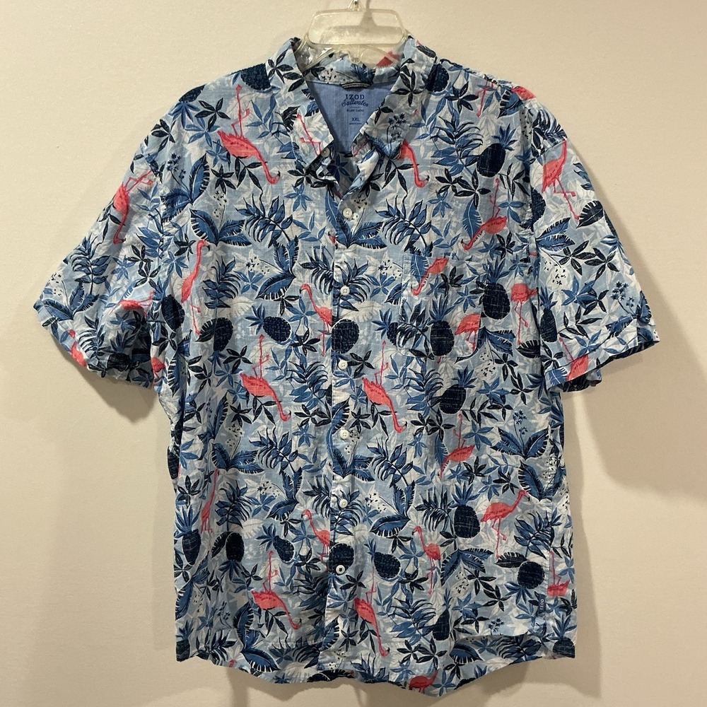 Izod Saltwater Hawaiian‎ Aloha XXL Shirt Hibiscus Flamingos Palm Tropical Beach
